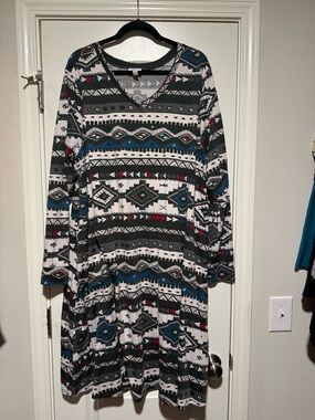 LuLaRoe Long Sleeve Tribal Print Dress in Black, White, Teal